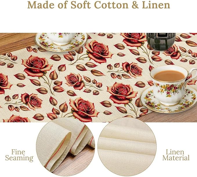 Retro Rose Table Runner, Romantic Love Elegant Plant Red Golden Flower Print Table Runner for Kitchen Dinning Table Runner Decor Home Wedding Party Holiday, 13x90 Inch