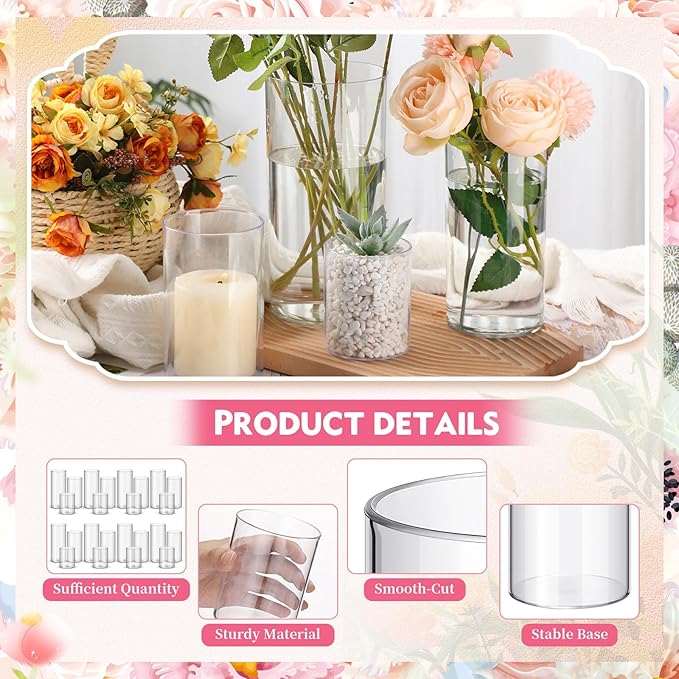Cylinder Vases, 48 Clear Plastic Pieces in 3 Sizes for Table Décor