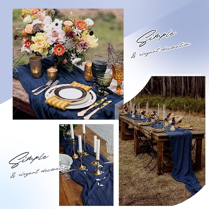 Aktor 12 Pack Navy Blue Table Runner Boho Cheesecloth Table Runner Semi Sheer Gauze Fabric Runners for Wedding Birthday Baby Shower Party Boho Table Decoration（Navy Blue）