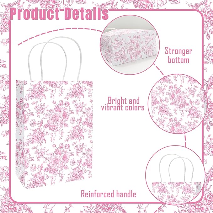 JarThenaAMCS 52Pcs Pink Floral Paper Gift Bag Vintage Wildflower Treat Bags with Handles Chinoiserie Candy Goodie Bags for Spring Summer Birthday Wedding Bridal Shower Party Favors Supplies