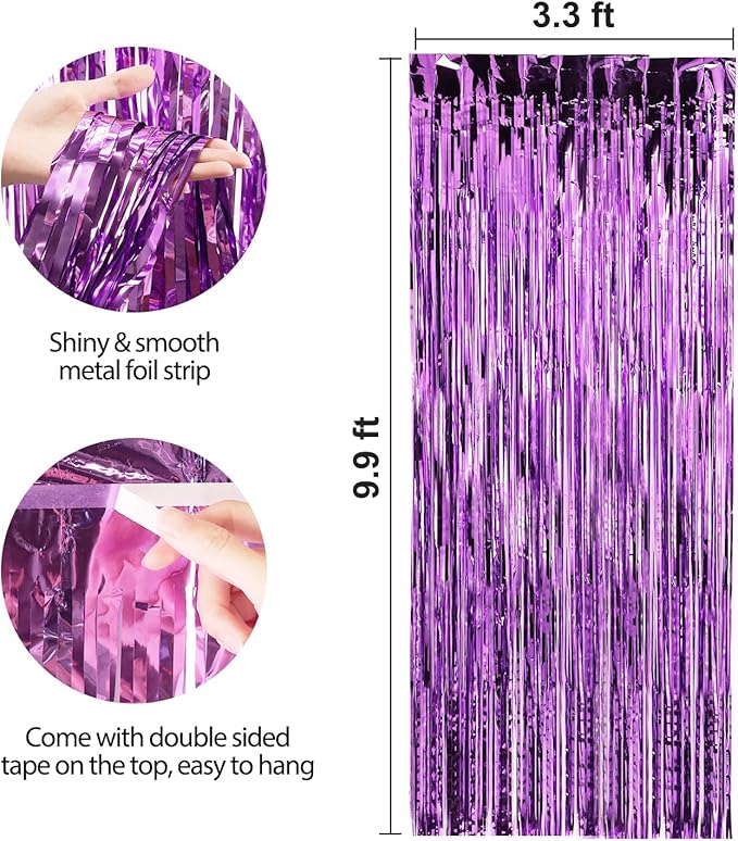 Crosize 4 Pack 3.3 x 9.9 ft Purple Foil Fringe Curtains Party Decorations, Purple Tinsel Curtain Backdrop for Parties, Door Streamers, Glitter Streamer Fringe Backdrop for Birthday Decoration