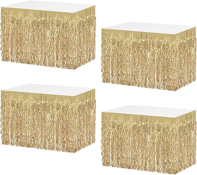 4P Wavy Metallic Tinsel Foil Fringe Table Skirts for Rectangle Tables Backdrop Garland Curtains for Parade Floats Wedding Birthday Parties Decoration Graduation 2025 Christmas (Champagne)