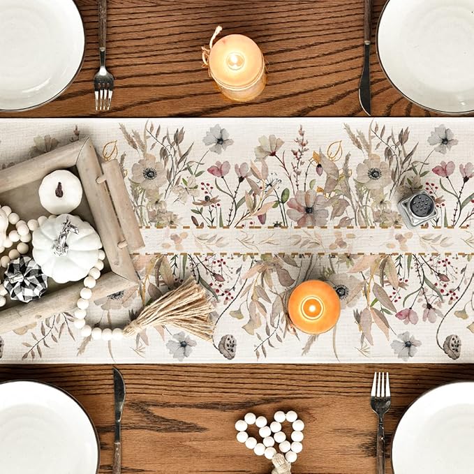 Artoid Mode Wildflower Leaves Floral Fall Table Runner, Autumn Thanksgiving Kitchen Dining Table Decoration for Indoor Outdoor Home Party 13x48 Inch