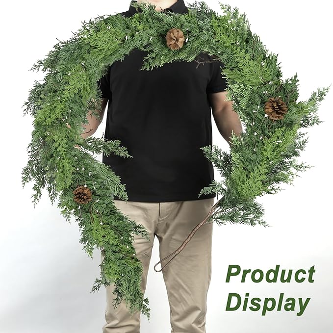Christmas Garland 6 Ft Dark Green Cypress with Pinecones and White Beads