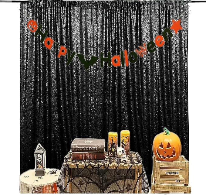 JYFLZQ Black Sequin Backdrop Curtains 7ft x 7ft 1 Panel Halloween Backdrop Glitter Photo Booth Backdrops Sparkly Photography Background Drapes for Graduation Birthday Parties