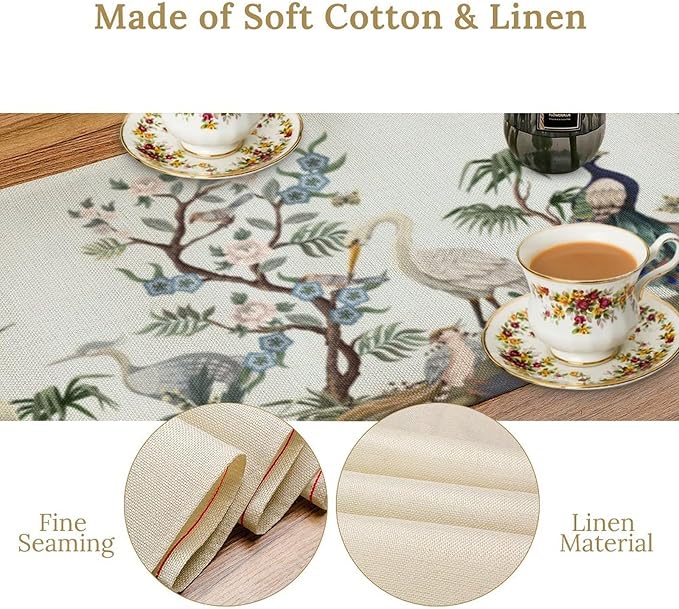 Peacock Table Runner,Retro Chinese Peonies Flowers Peacock Table Runner for Home Kitchen Dining Party Indoor Outdoor Decoration 13x108 Inch