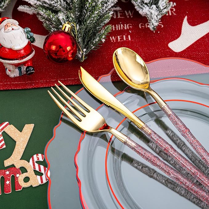Liacere 150PCS Clear and Red Plastic Plates-Clear Red Disposable Plates with Glitter Bamboo Handle Cutlery-60 Baroque Elegant Plates,30 Forks,30 Spoons,30 Knives for Wedding&Mother's Day