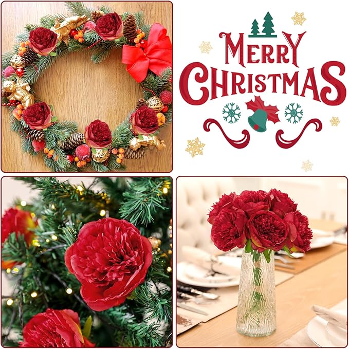 U'Artlines 10 Heads Artificial Peony Silk Flower Leaf Home Office Wedding Party Festival Bar Decor (Red)