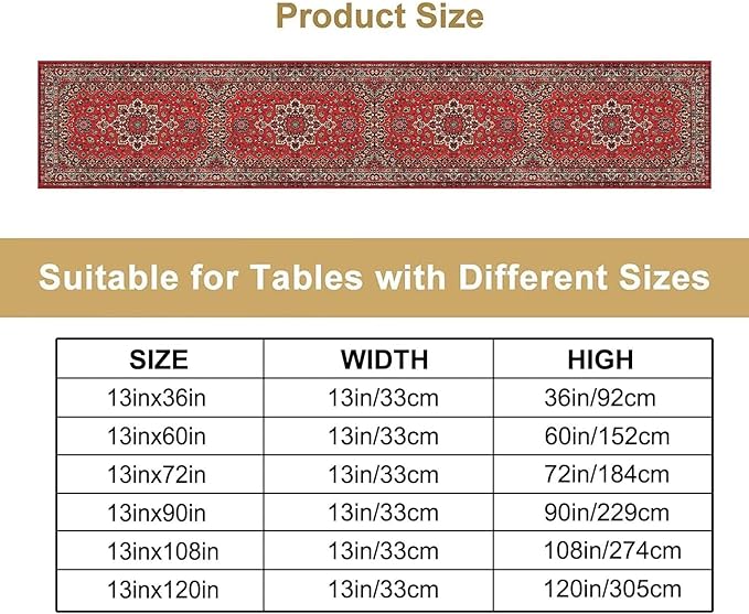 Vintage Boho Red Table Runner,Elegant Mid Century for Home Farmhouse Kitchen Table Dining Coffee Room Garden Party Wedding Decor 13x72in
