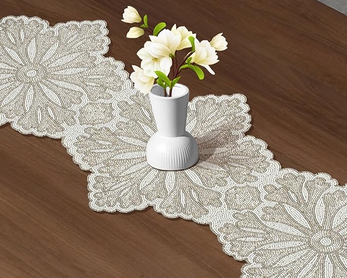 Beaded Table Runner - Elegant & Versatile Dining & Kitchen Linen for Home Decor, Weddings, Parties, Special Occasions, Modern Table Decoration & Luxury Festive Accessory (Ivory) - CLEENTABLE