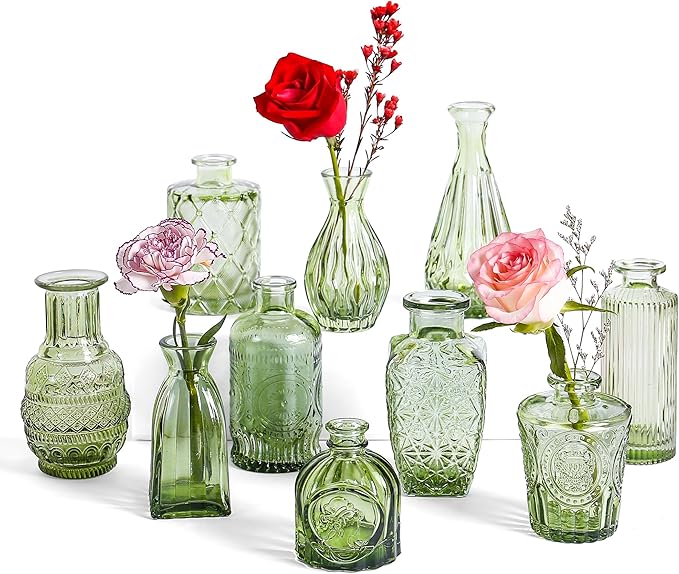 Vintage Small Glass Vases Set of 10,Mini Bud Vases for Flowers,Amber Glass Vases for Centerpieces,Wedding Decorations,Home Table Flower Decor (Hunt Green)