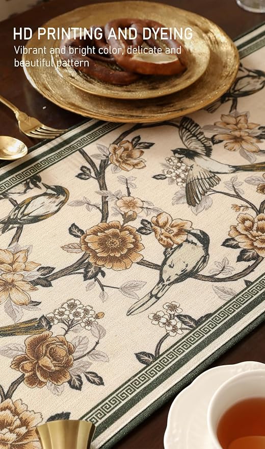 ISAENNE Designer Vintage Beige Linen Table Runner 118 Inches Extra Long,Elegant Floral and Bird Pattern Decor Table Runners for Dining Tables,Thanksgiving,Christmas,Banquet,Party,12"*118"-Murad A