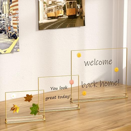 NIUBEE 6Pack 7 x 5 Horizontal Clear Acrylic Sign Holder with Gold Borders, Double Sided Table Menu Stands Picture Frames for Wedding Table Numbers, Restaurant Signs, Photos and Art Display