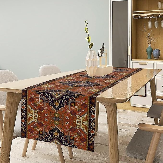 Vintage Boho Orange Table Runner, Country Rustic Farmhouse Magical Abstract Print Pattern for Home Kitchen Table Decor Dining Coffee Room Garden Party Decor 13x90in