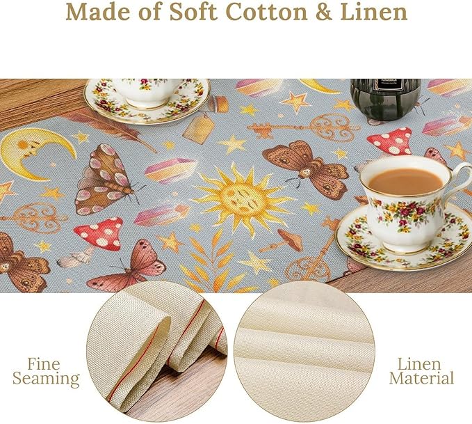 Boho Sun Moon Table Runner Mystical Rustic Butterfly Mushroom Star Table Runner for Kitchen Living Room Dinner Holiday 13x70 Inch