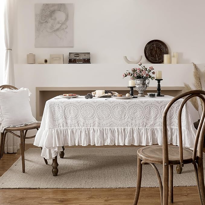 patdrea Vintage Ruffle Tablecloth for Rectangle Tables,Farmhouse Embroidered Cotton White Lace Table Cloth Cover Decor for Dining Room Wedding Banquet Thanksgiving Christmas,59"*83"
