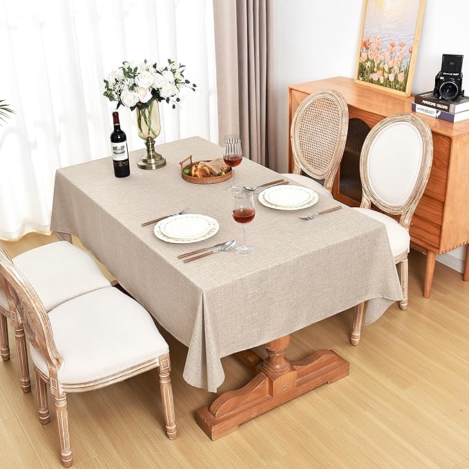 Fitable Faux Linen Beige Table Clothes 60 x 84 Inch - 2 Pack Neutral Tablecloths for Rectangle Tables, Faux Burlap Table Covers for Kitchen Dining, Wedding, Party, Farmhouse, Outdoor Picnic