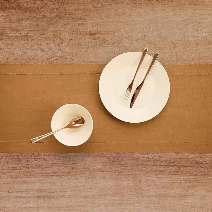 Solino Home Linen Brown Sugar Table Runner 120 Inches Long - 100% Pure Linen 14 x 120 Inch Table Runner for Fall, Autumn, Thanksgiving - Classic Hemstitch