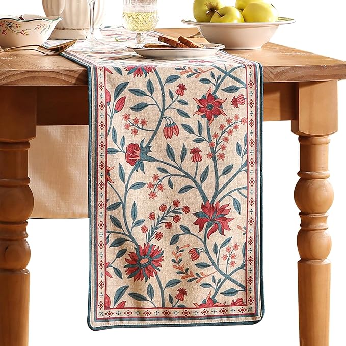 Farmhouse Berry Red Floral Small Table Runner for Table,Decorative Linen 63 Inches Long French Table Runners,Decor Tabletop for Kitchen,Dining,Party,Home,Christmas,12"*63"