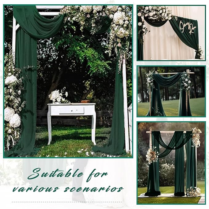 Wedding Arch Drape Fabric, 4 Emerald Green Chiffon Panels, 20 Ft Long