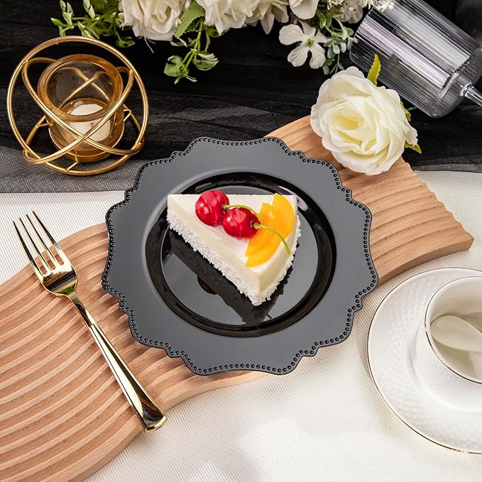 Dessert Plates, 7.5 Inch Black Plastic, 100 Count, Ceramic-Look Disposable