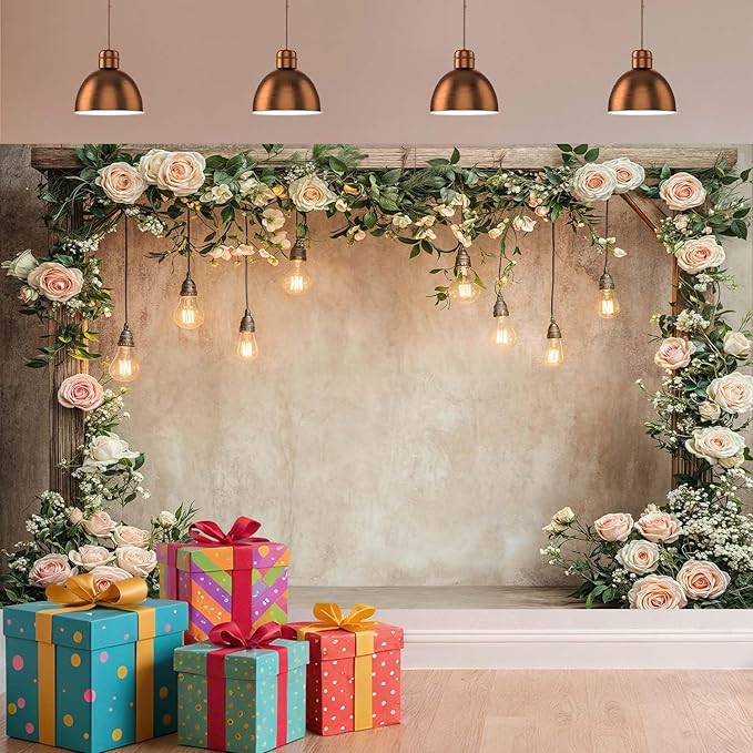 10x8ft Country Wedding Photography Backdrop Floral Rustic Roses Farmhouse Wooden Door Backdrop Pink Flower Birthday Baby Shower Wedding Bridal Party Banner Photo Booth Props Anniversary Background