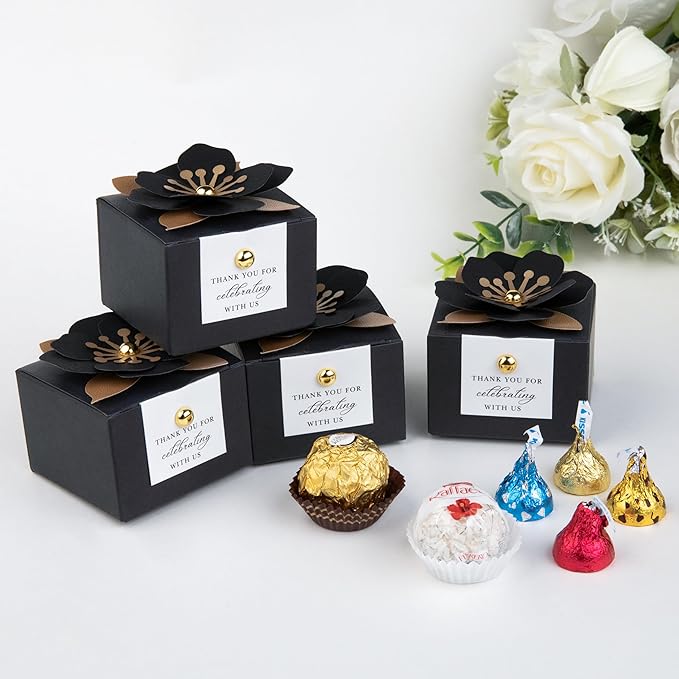 Gift Boxes, 20 Black Candy Boxes with White Floral Decor and Tags