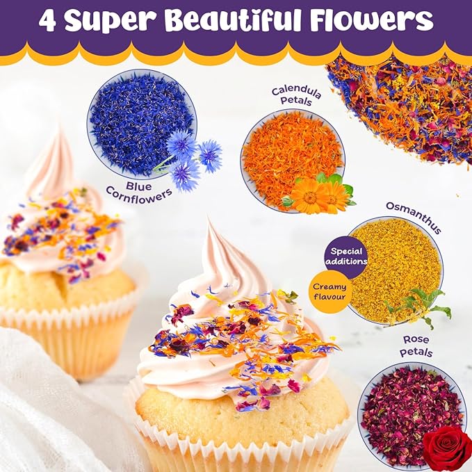 Edible Cake Toppers: 4-Petal Dried Flower Blend, 3.5 Oz Bag
