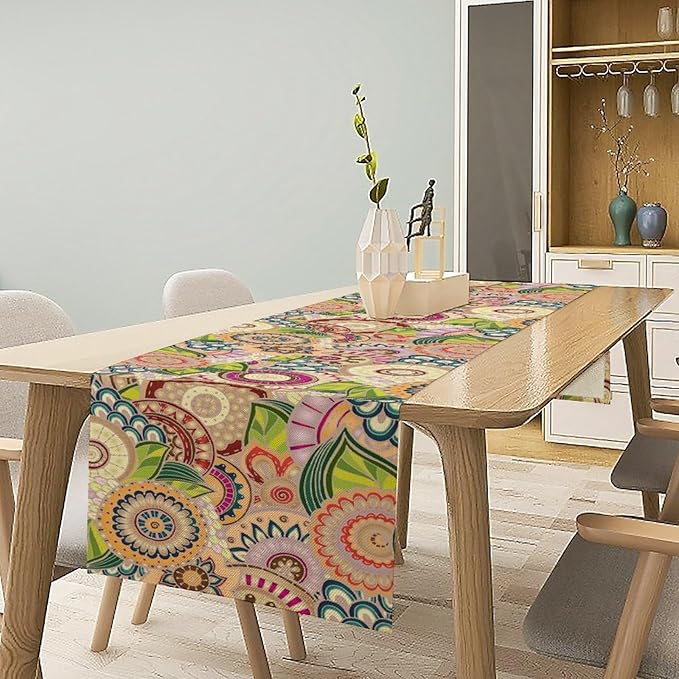 Boho Floral Table Runner,Retro Bohemian Flower Table Runner for Kitchen Dining Table Home Party Decoration 13x36 Inch