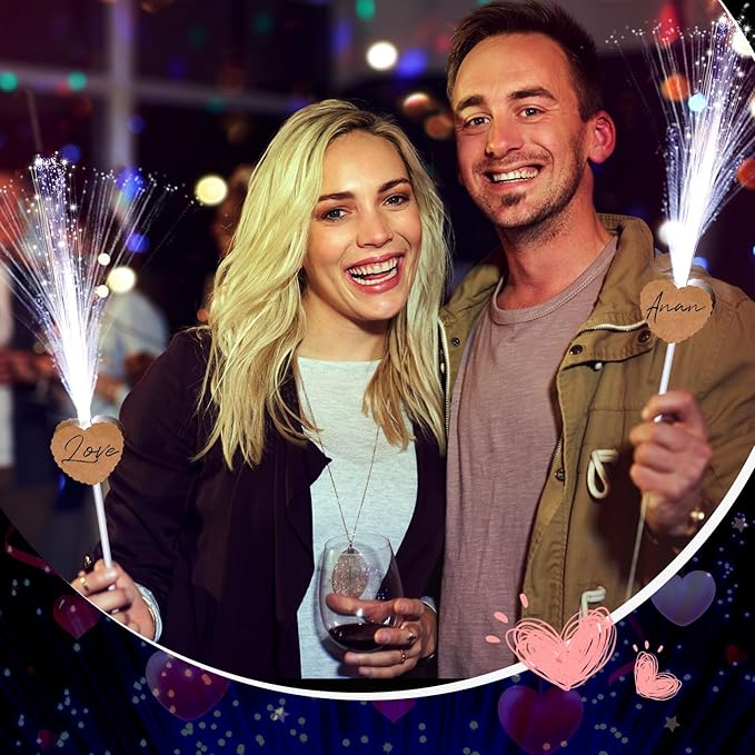 50 Pcs Wedding Sparklers Heart Shaped LED Glow Sticks Fiber Optic Wands Light up Wand with 3 Light Mode for Wedding Bridal Shower Birthday Glow in the Dark Party Supplies (Brown)