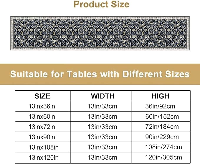 Vintage Boho Floral Table Runner, Morris Rustic Country Farmhouse Dark Blue Grey Retro Flower Pattern for Home Kitchen Table Decor Dining Coffee Room Party Decor 13x60in