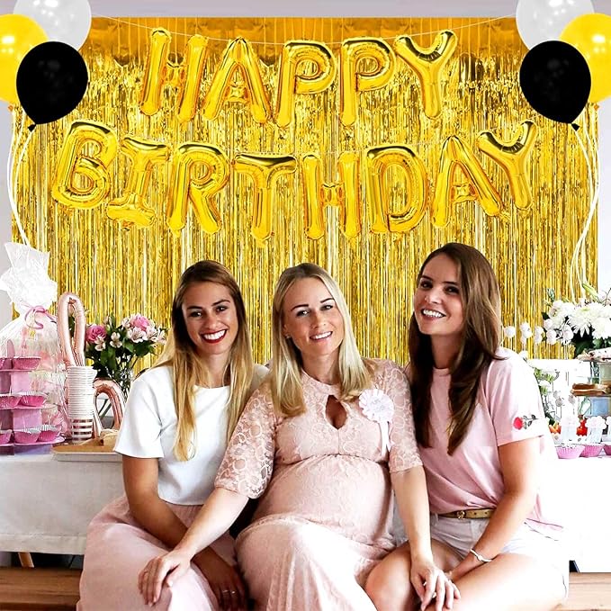 4 Pack Gold Foil Fringe Curtain Backdrop, 3.28Ft x 8.2Ft Metallic Tinsel Foil Fringe Streamer Curtains for Photo Booth Props, Birthday, Wedding, New Year’s, Christmas Decoration Party Supplies New