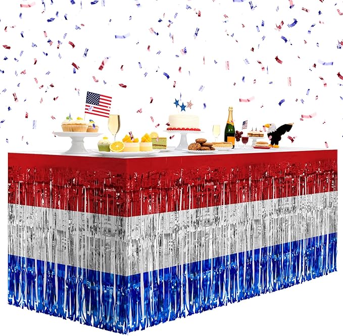 2 Pack Red&White&Blue Table Skirts, 29x108" Metallic Foil Tinsel Fringe Table Skirt for Rectangle Tables Streamer Curtains Backdrop, Party Decorations for Birthdays, Weddings, Holidays