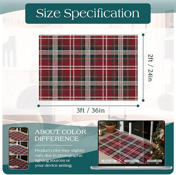 Area Rug Red Tartan Christmas Door Mat, 2x3 Ft Polyester Non-Slip