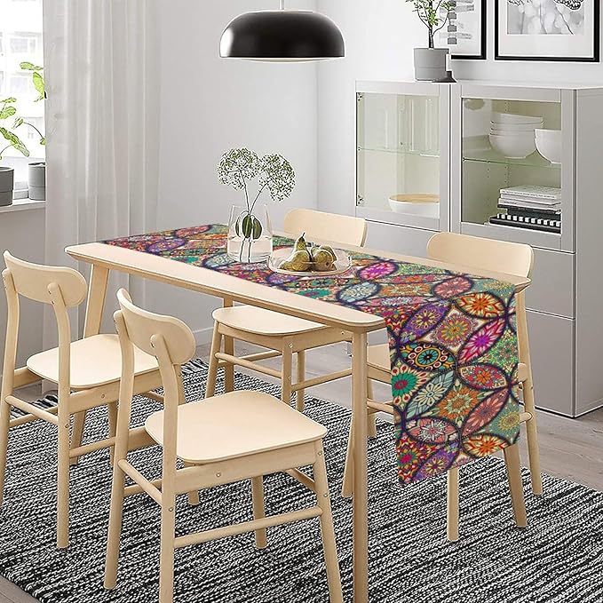 Boho Floral Table Runner,Colorful Flower Retro Bohemian Table Cloth Kitchen Dining Table Home Party Decoration 13x72 Inch