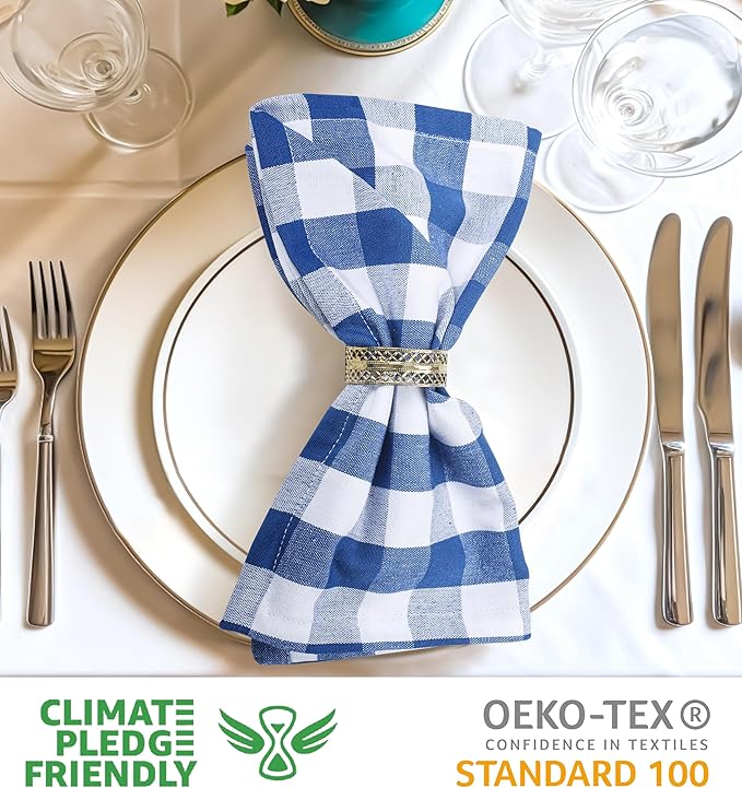 Cloth Dinner Napkins, 100% Cotton Checkered Blue and White, 20x20 Inch