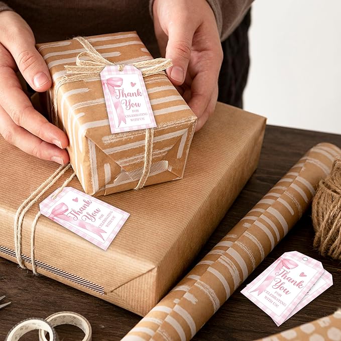 Pink Bow Gift Tags, 50Pcs Thank You Label with String, Thank You for Celebrating with Us Tag, Paper Personalized Design Gift Labels for Wrapping Party Favor-A13