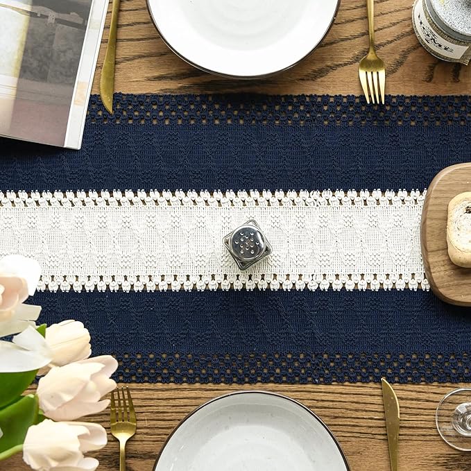 Artoid Mode Dark Blue Farmhouse Rustic Table Runner, Seasonal Hollow Kitchen Dining Table Decoration for Home Party Decor 12x60 Inch
