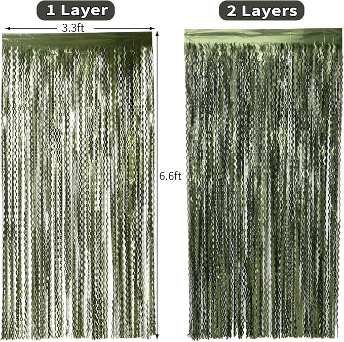 4 Pack Wavy Olive Green Streamers Backdrop Jungle Party Decorations - 3.3x6.6ft Foil Fringe Curtains Photo Booth for Dinosaur Animal St Patrick's Day Football Decor