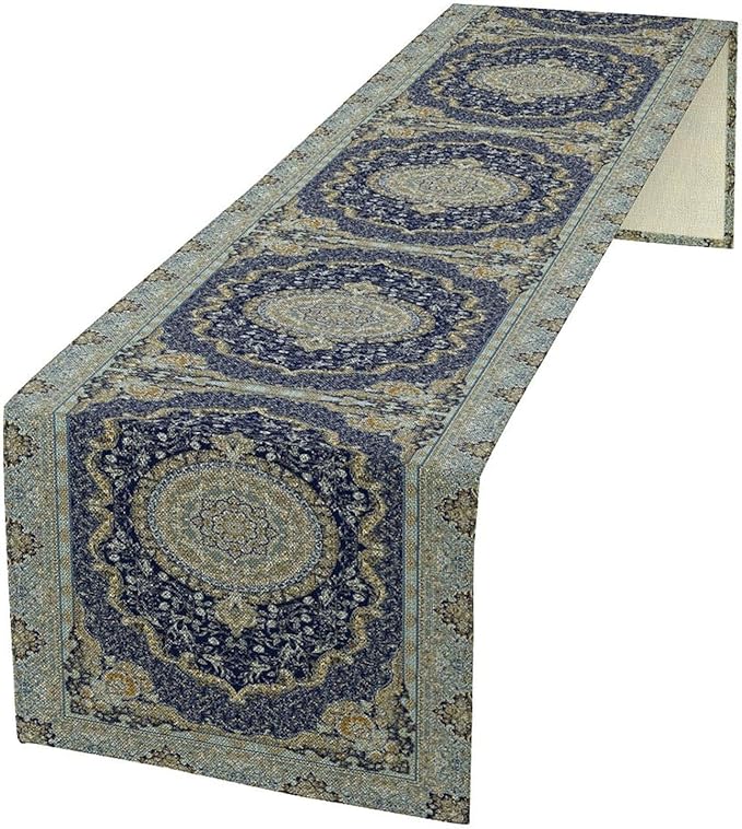 Boho Bohemia Style Blue Teal Table Runner, Country Rustic Farmhouse Magical Abstract Print Pattern for Home Kitchen Table Decor Dining Coffee Room Garden Party Decor 13x90in
