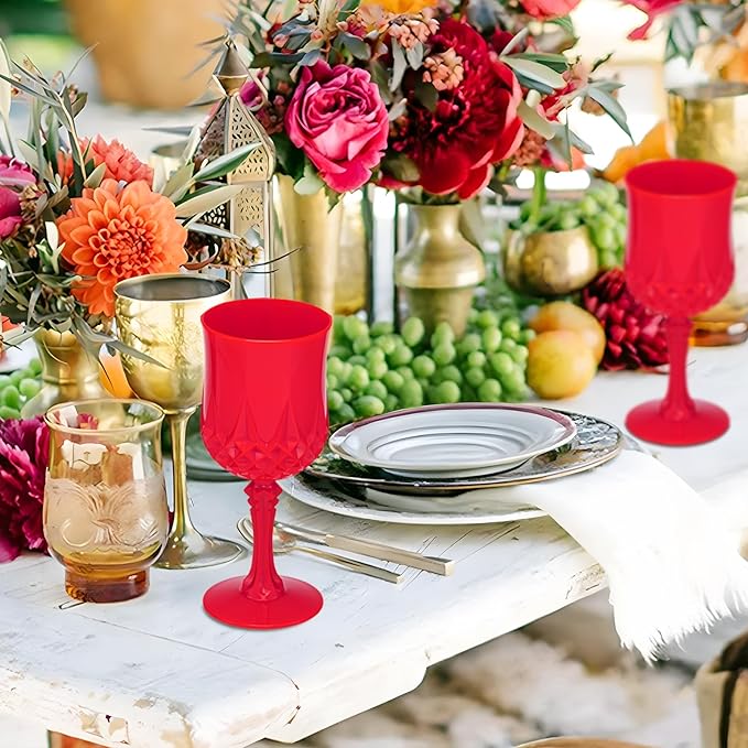 JLYLOL Plastic Vintage Wine Glasses 7OZ Plastic Goblets Vintage Drinking Glasses 12PCS Retro Wedding Glassware Water Goblets Reusable Drinking Cups for Party,Reception,Celebration,Bar,Whiskey(Red)