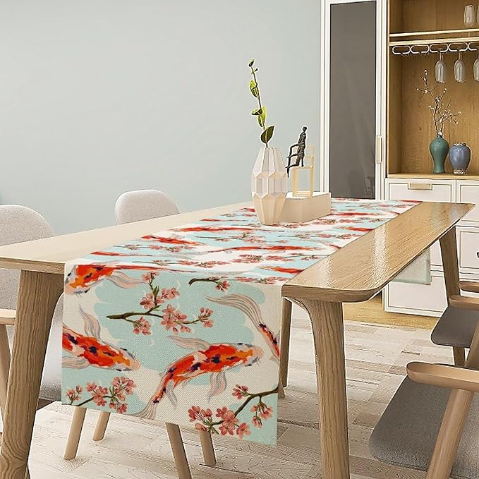 Japanese Kio Fish Table Runner Cherry Flower Art Printed Burlap Runner Home Kitchen Dining Table Living Room Decor Fabric 1 Panel W13xL90in