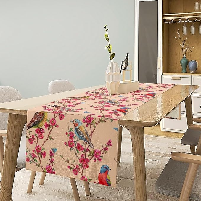Floral Butterfly Table Runner Seasonal Spring Flower Bird Table Decoration Table Runner for Home Party Decoration 13x60 Inch