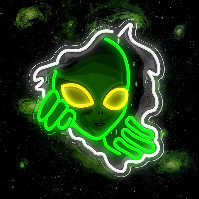 Alien Neon Sign,Dimmable Green Alien Led Neon Lights for Wall Decor Game Room Home Bar Party Bedroom Man Cave Decor,USB Powered Alien Light up Sign Gifts for Kids Teen Boy Room Decor
