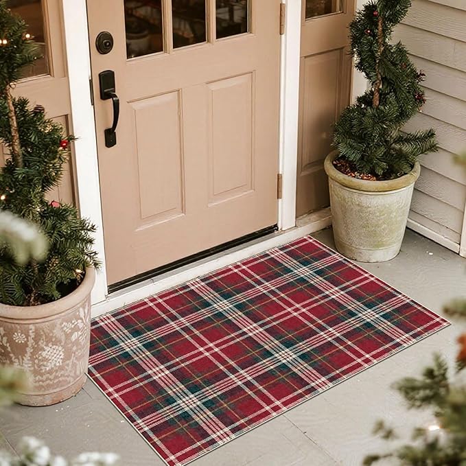 Area Rug Red Tartan Christmas Door Mat, 2x3 Ft Polyester Non-Slip
