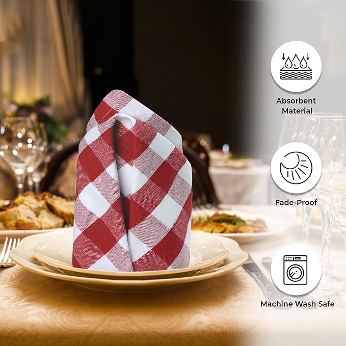 Cloth Dinner Napkins Set of 12, 100% Cotton, Red and White Checkered