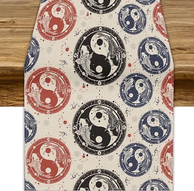 Yin Yang Table Runner, Vintage Mid Century Traditional Oriental Koi Fish Mystical Celestial Moon Stars Print Table Runner for Kitchen Dining Table Party Decor, 13x108inch