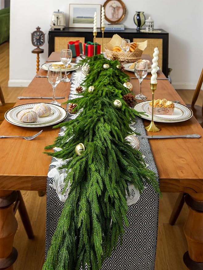 Garland with Dark Green Norfolk Pine Needles, 6 Ft Realistic Christmas Decor