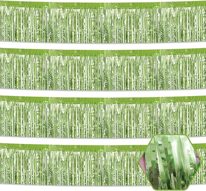 4 Pack 10 Feet Light Green Foil Fringe Garland Metallic Tinsel Streamers Banner Wall Hanging Curtain Backdrop for Parade Floats, Wedding, Graduate, Mother's Day, Birthday Party Decoration