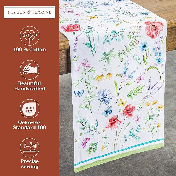 Maison d' Hermine Table Runner 100% Cotton Single Layer Table Runners 72 inches Long Decorative for Kitchen Dining Party Baby Shower Wedding Bridal Shower Spring Summer (Just Floral, 14.50" x 72")